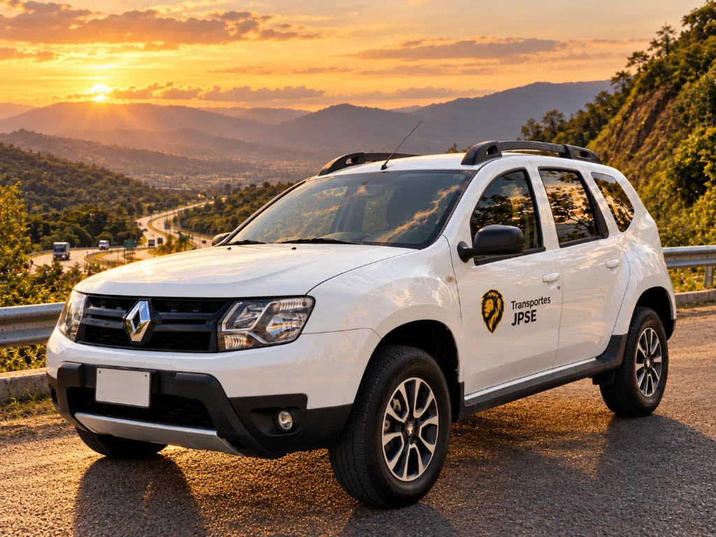 Renault Duster blanca de Transportes JPSE en la vía de montaña entre Bogotá y Girardot al atardecer